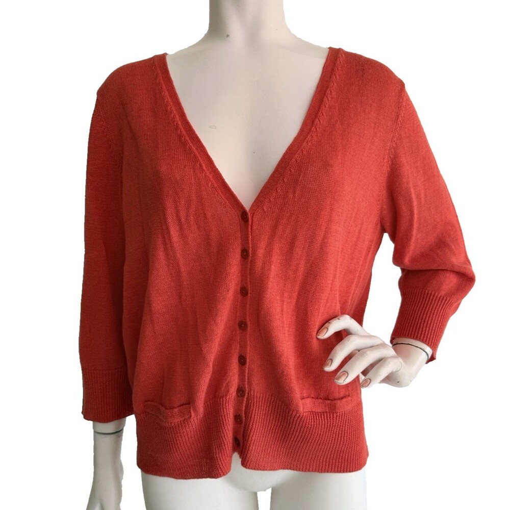 EILEEN FISHER Cardigan Sweater Orange V-Neck 100% Linen 3/4 Sleeve NWOT Size XL